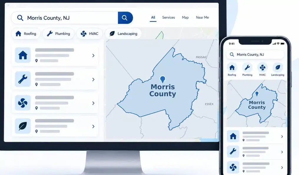 Desktop and phone local-search illustration with a Morris County map